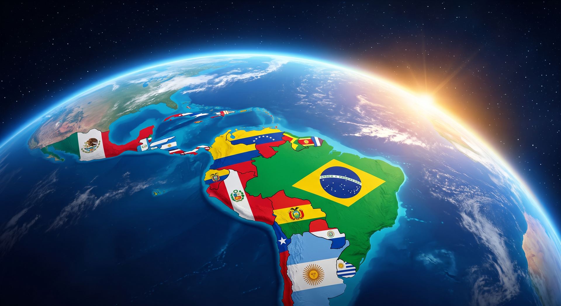 Mapa de Latinoamérica y el Caribe con la bandera de cada país — Prix.casa, la plataforma inmobiliaria de las Américas